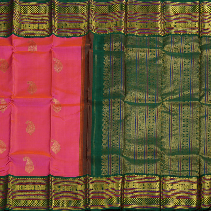 Hayagrivas Orangish Pink Kanjivaram Silk Saree with Bottle Green Border BBC1028J29-1