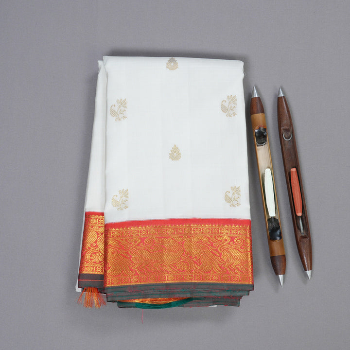 Hayagrivas White Handloom Kanjivaram Silk Saree with Orangish Pink Border BBC1031J10-1