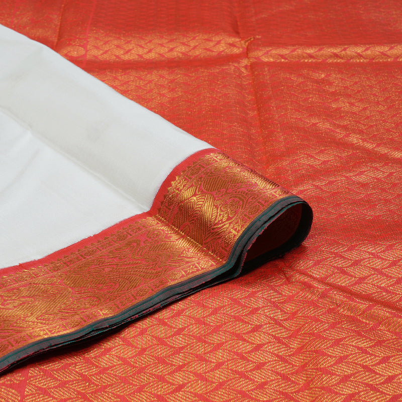 Hayagrivas White Handloom Kanjivaram Silk Saree with Orangish Pink Border BBC1031J10-1