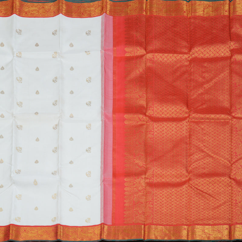 Hayagrivas White Handloom Kanjivaram Silk Saree with Orangish Pink Border BBC1031J10-1