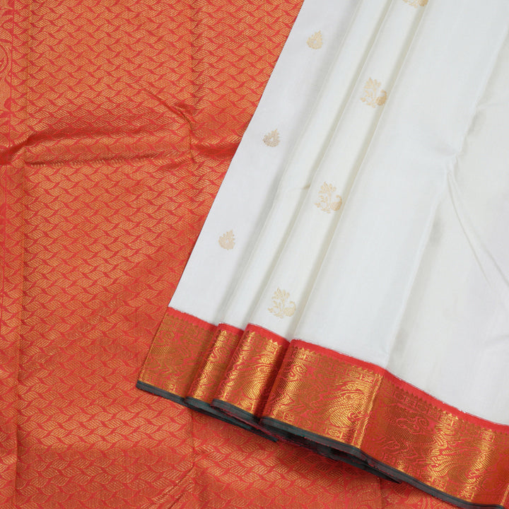 Hayagrivas White Handloom Kanjivaram Silk Saree with Orangish Pink Border BBC1031J10-1