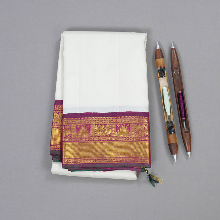 Hayagrivas White Handloom Kanjivaram Silk Saree with Dark Purple Border BBC1081J4-1