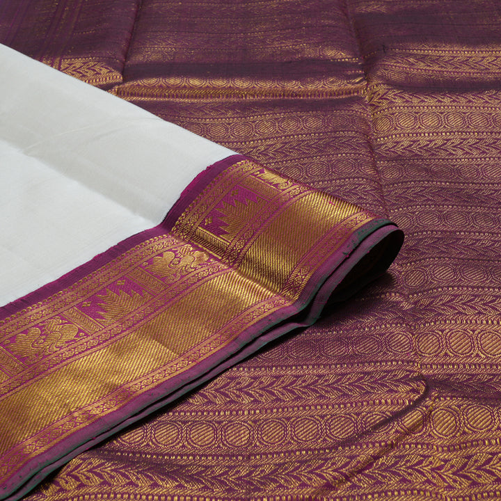 Hayagrivas White Handloom Kanjivaram Silk Saree with Dark Purple Border BBC1081J4-1