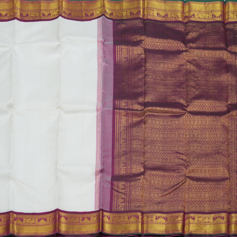 Hayagrivas White Handloom Kanjivaram Silk Saree with Dark Purple Border BBC1081J4-1