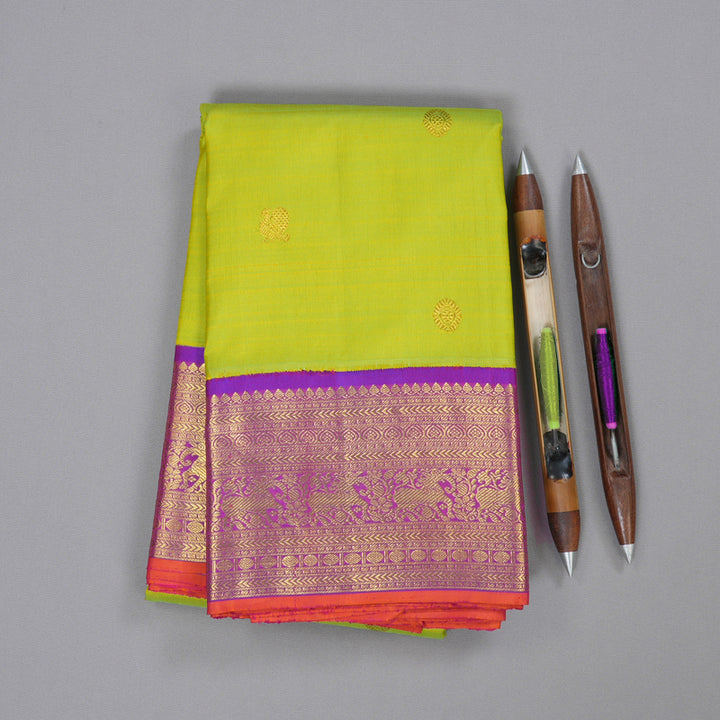 Hayagrivas Fluorescent Green Handloom Kanjivaram Silk Saree with Purple Border BBC1149K31-1