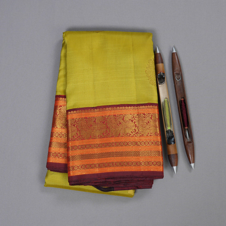 Hayagrivas Lemon Green Handloom Kanjivaram Silk Saree with Wine Maroon Border BBC1149K34-1