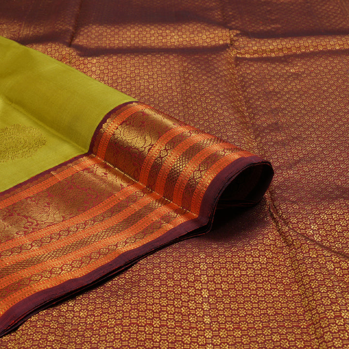 Hayagrivas Lemon Green Handloom Kanjivaram Silk Saree with Wine Maroon Border BBC1149K34-1