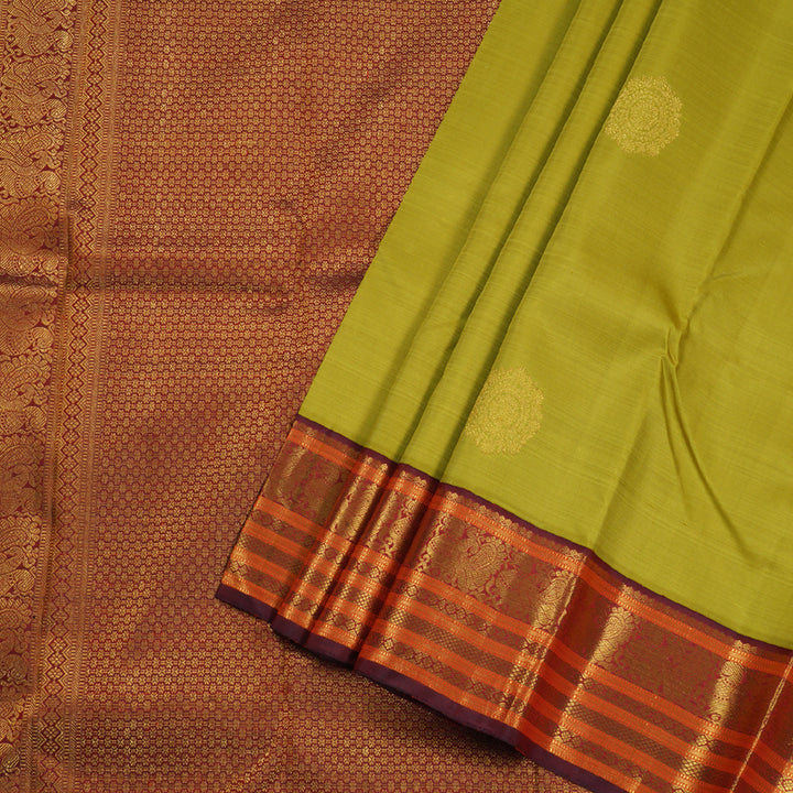 Hayagrivas Lemon Green Handloom Kanjivaram Silk Saree with Wine Maroon Border BBC1149K34-1