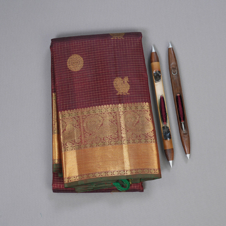 Hayagrivas Deep Maroon Checkered Kanjivaram Silk Saree with Annam and Chakra Motifs - BBC1205K1-1