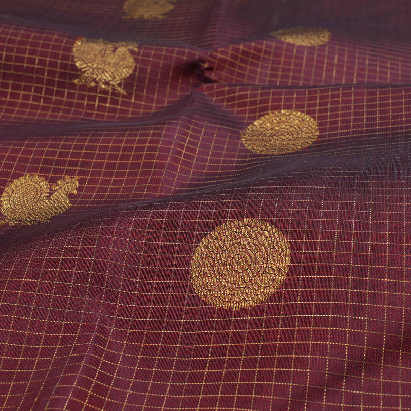 Hayagrivas Deep Maroon Checkered Kanjivaram Silk Saree with Annam and Chakra Motifs - BBC1205K1-1