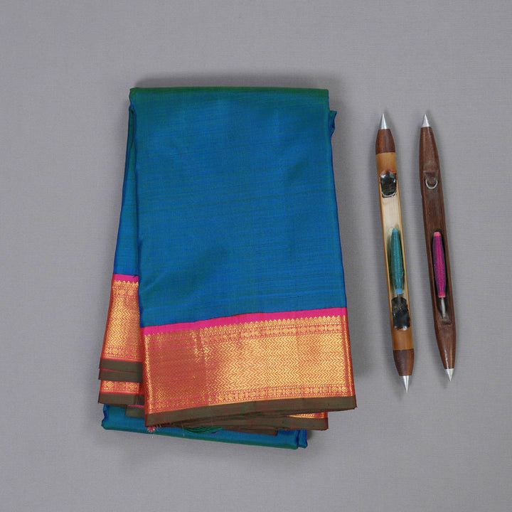 Hayagrivas Peacock Blue Kanjivaram Silk Saree with Pink Green Edging Border BBC1222K23-1