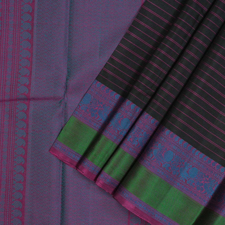 Hayagrivas Handloom Black Kanjivaram Silk Saree with Multicolour Thread Work Border BBC1225K2-1