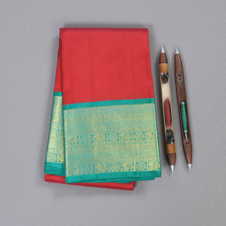 Hayagrivas Red Kanjivaram Silk Saree with Sea Blue Border BBC1412L10-7