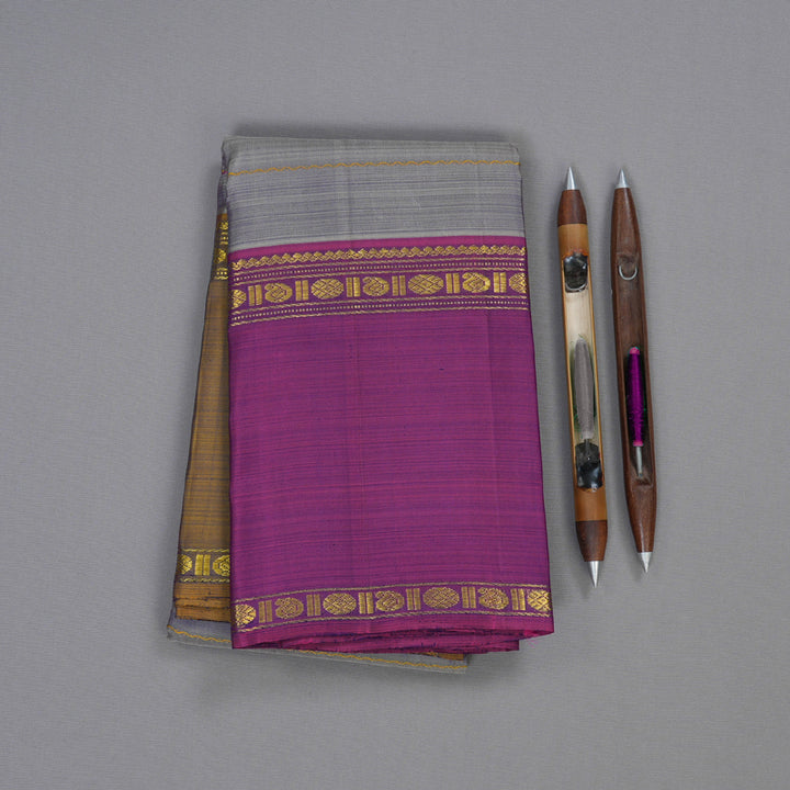 Hayagrivas Bluish Grey Handloom Kanjivaram Silk Saree with Ganga Jamuna (Purple And Mustard) Border BBC1412L4-3