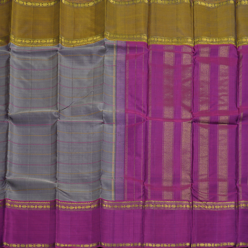 Hayagrivas Bluish Grey Handloom Kanjivaram Silk Saree with Ganga Jamuna (Purple And Mustard) Border BBC1412L4-3