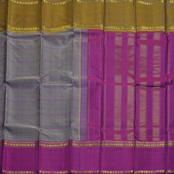 Hayagrivas Bluish Grey Handloom Kanjivaram Silk Saree with Ganga Jamuna (Purple And Mustard) Border BBC1412L4-3