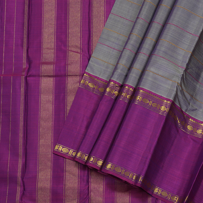 Hayagrivas Bluish Grey Handloom Kanjivaram Silk Saree with Ganga Jamuna (Purple And Mustard) Border BBC1412L4-3