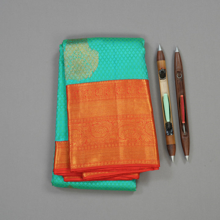 Hayagrivas Korvai Kanjivaram Silk Saree in Turquoise Green with Reddish-Orange BBC2867B9-2