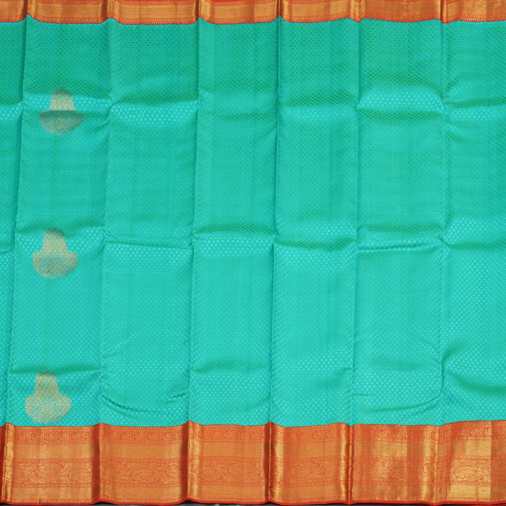 Hayagrivas Korvai Kanjivaram Silk Saree in Turquoise Green with Reddish-Orange BBC2867B9-2