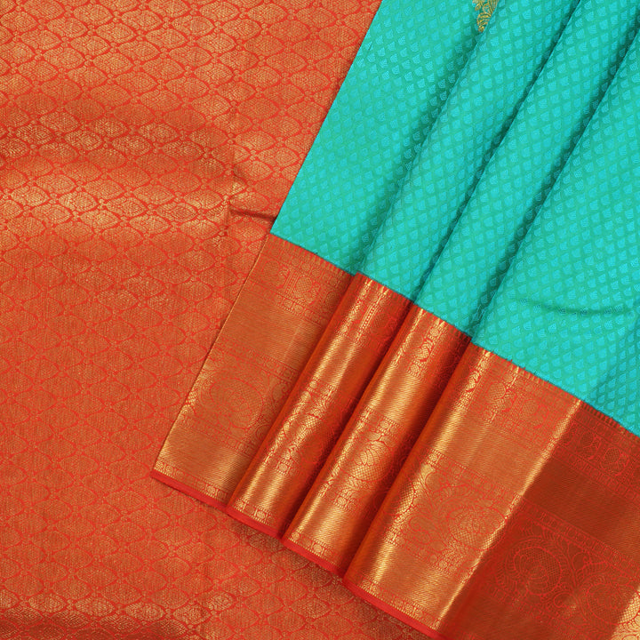 Hayagrivas Korvai Kanjivaram Silk Saree in Turquoise Green with Reddish-Orange BBC2867B9-2