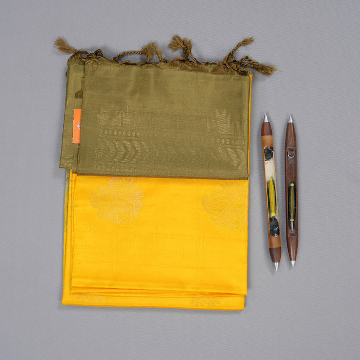 Hayagrivas Handloom Yellow Soft Silk Saree with Khaki Border BBC944J5-21