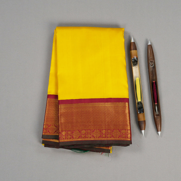 Hayagrivas Lemon Yellow Handloom Kanjivaram Silk Saree with Maroon Border BBC993J13-1