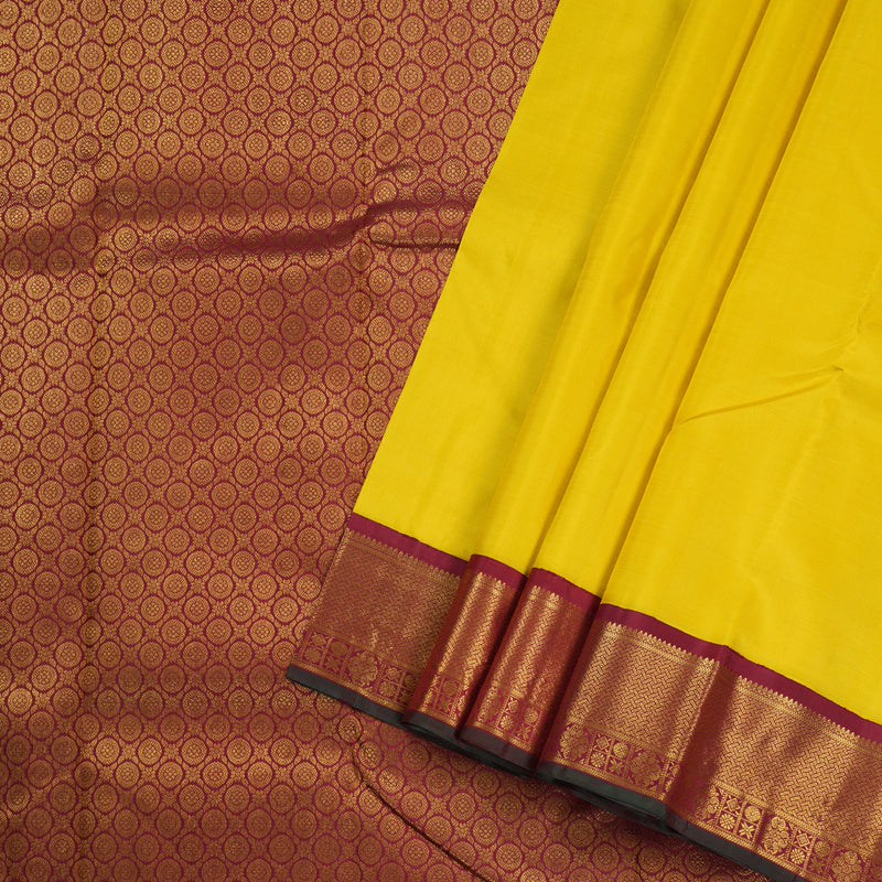 Hayagrivas Lemon Yellow Handloom Kanjivaram Silk Saree with Maroon Border BBC993J13-1