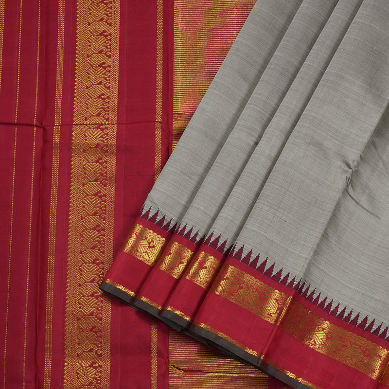 Hayagrivas Ash Grey Handloom Kanjivaram Silk Saree with Maroon Border BBC993J8-2