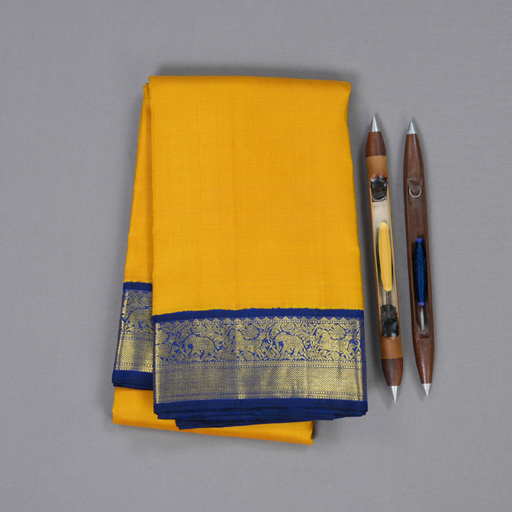 Hayagrivas Mustard Yellow Handloom Kanjivaram Silk Saree with Blue Border BBC993J8-3