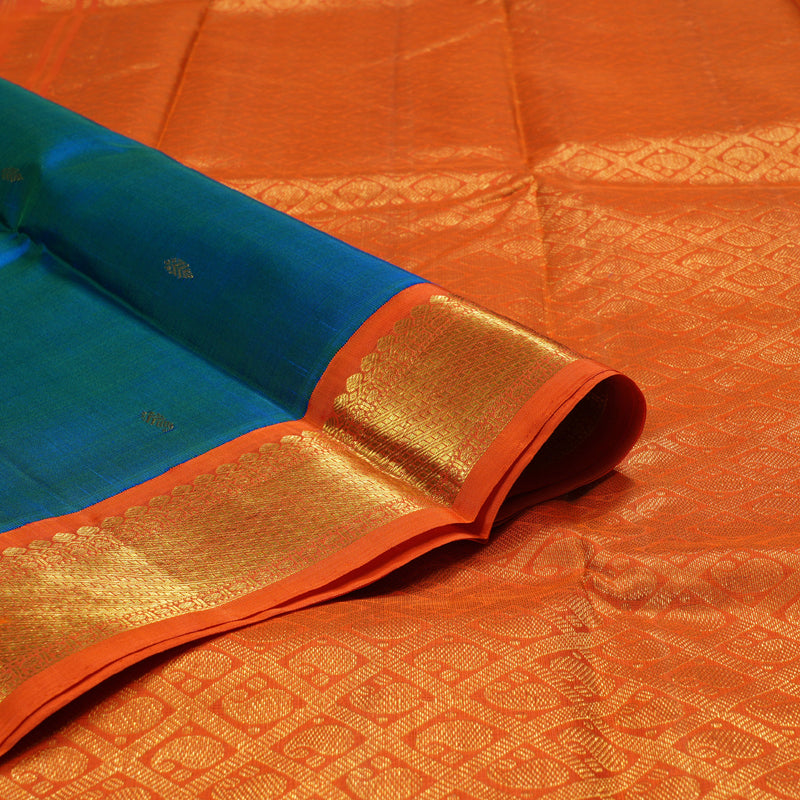 Hayagrivas Peacock Blue Handloom Kanjivaram Silk Saree with Orange Border BBC993J9-3