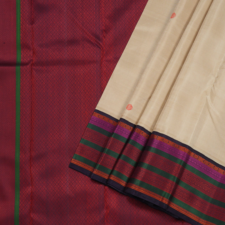 Hayagrivas Sandal Beige Handloom Kanjivaram Silk Saree with Plum Purple Border BBD1011J3-1