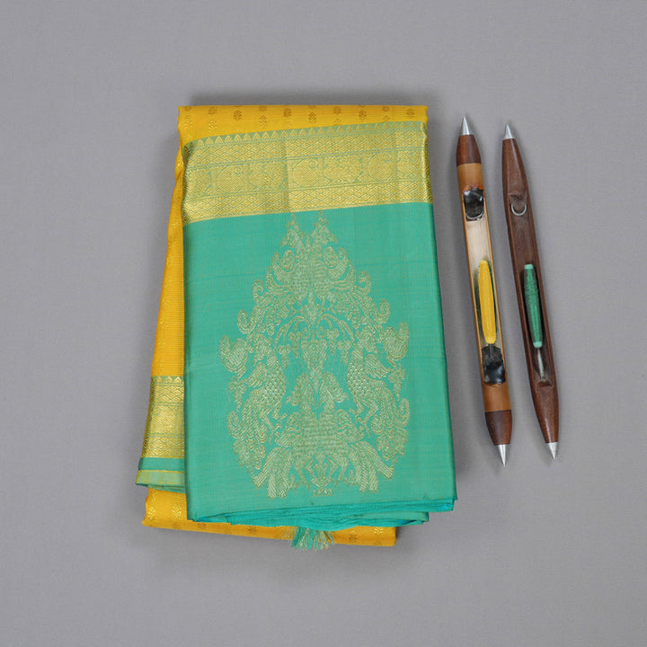 Hayagrivas Yellow Handloom Kanjivaram Silk Saree with Sea Green Border BBD1014J3-1