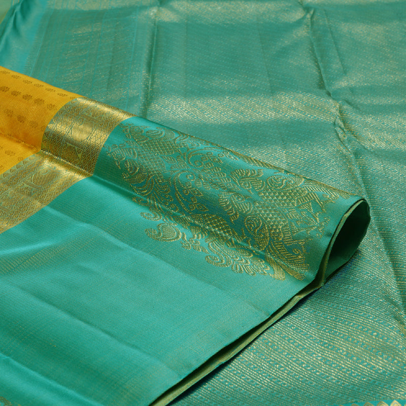 Hayagrivas Yellow Handloom Kanjivaram Silk Saree with Sea Green Border BBD1014J3-1