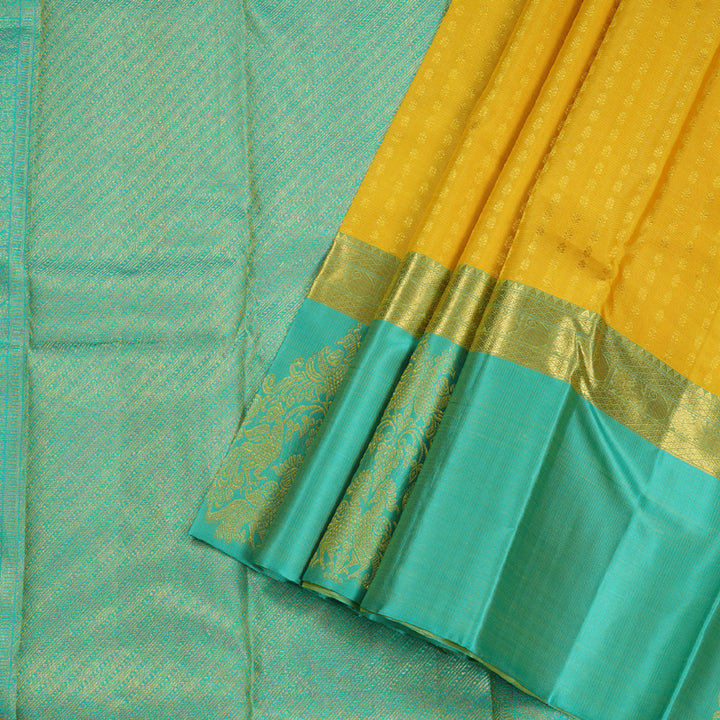 Hayagrivas Yellow Handloom Kanjivaram Silk Saree with Sea Green Border BBD1014J3-1