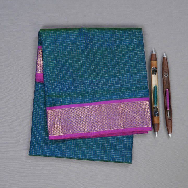 Hayagrivas Peacock Blue Handloom Kanjivaram Ten Yards Silk Saree with Purple Border BBD1015J12-1