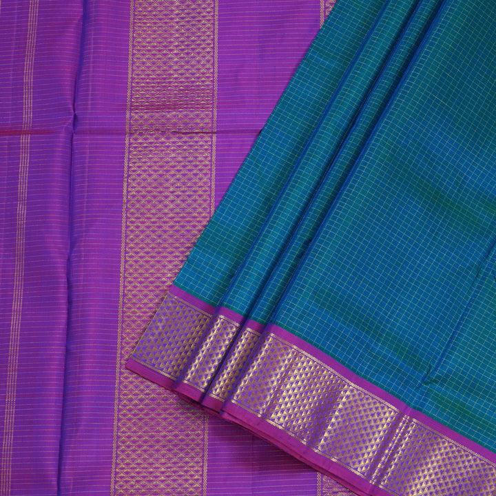Hayagrivas Peacock Blue Handloom Kanjivaram Ten Yards Silk Saree with Purple Border BBD1015J12-1