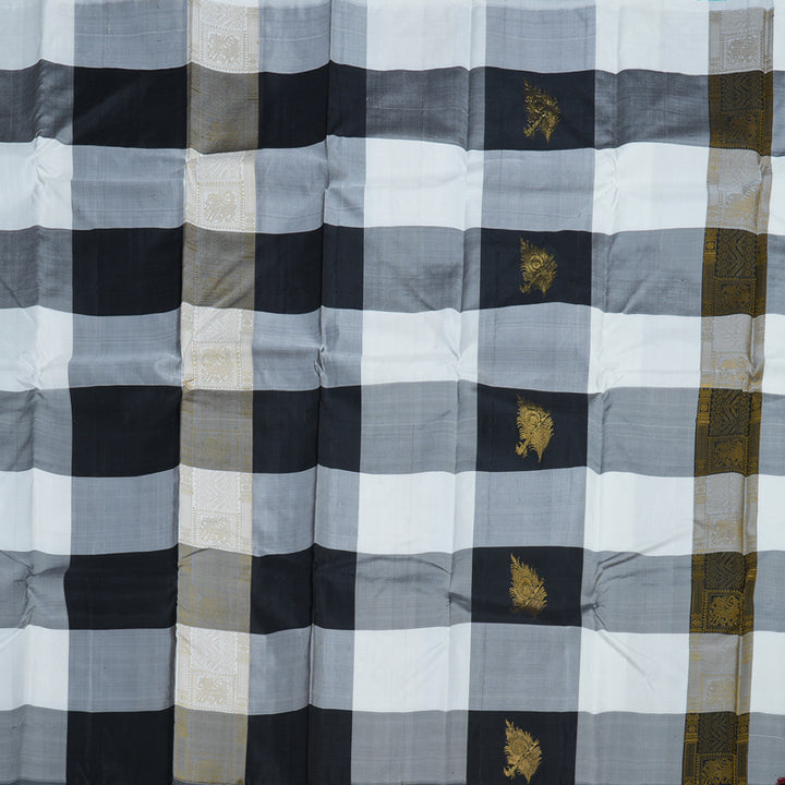 Hayagrivas Black And White Checks Handloom Kanjivaram Silk Saree BBD1016J1-1