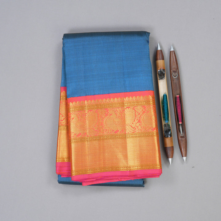 Hayagrivas Dark Sky Blue Handloom Kanjivaram Silk Saree with Orangish Pink Border BBD1021J3-1