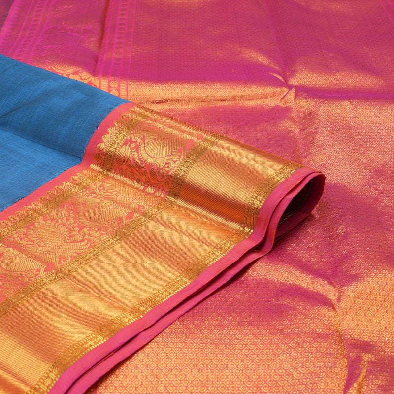 Hayagrivas Dark Sky Blue Handloom Kanjivaram Silk Saree with Orangish Pink Border BBD1021J3-1
