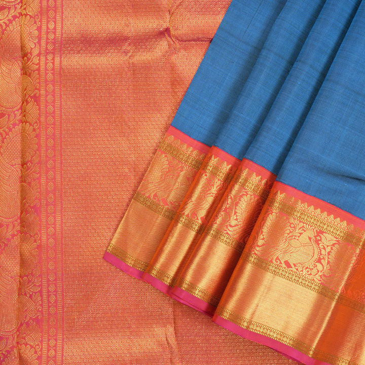 Hayagrivas Dark Sky Blue Handloom Kanjivaram Silk Saree with Orangish Pink Border BBD1021J3-1