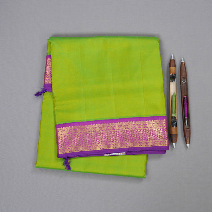 Hayagrivas Fluorescent Green Handloom Kanjivaram Ten Yards Silk Saree with Purple Border BBD1024J2-1