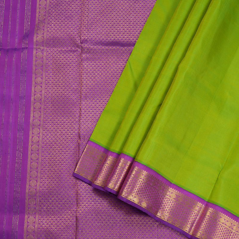 Hayagrivas Fluorescent Green Handloom Kanjivaram Ten Yards Silk Saree with Purple Border BBD1024J2-1