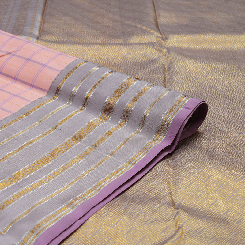 Hayagrivas Handloom Peach Pink Kanjivaram Silk Saree with Lilac-Grey Border BBD1033J4-1