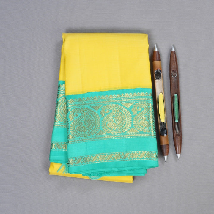 Hayagrivas Yellow Handloom Kanjivaram Silk Saree with Sea Blue Border BBD1038J6-7