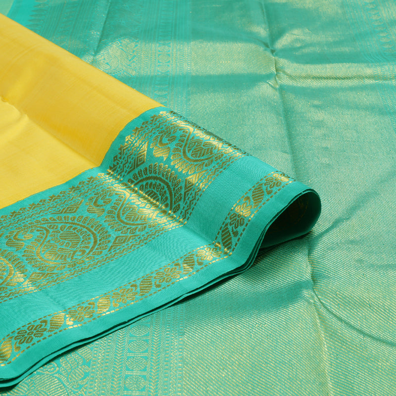 Hayagrivas Yellow Handloom Kanjivaram Silk Saree with Sea Blue Border BBD1038J6-7