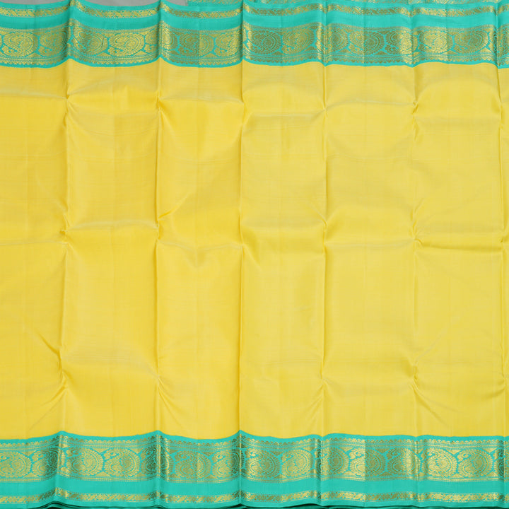 Hayagrivas Yellow Handloom Kanjivaram Silk Saree with Sea Blue Border BBD1038J6-7