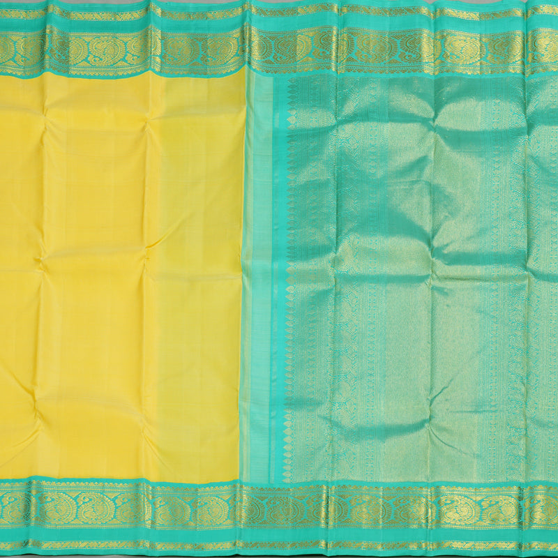 Hayagrivas Yellow Handloom Kanjivaram Silk Saree with Sea Blue Border BBD1038J6-7