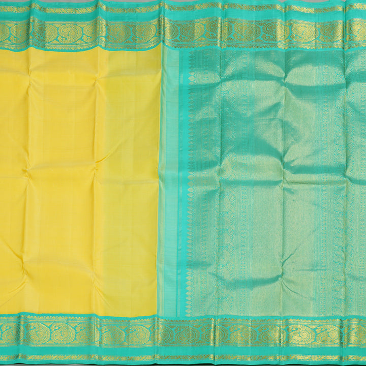 Hayagrivas Yellow Handloom Kanjivaram Silk Saree with Sea Blue Border BBD1038J6-7