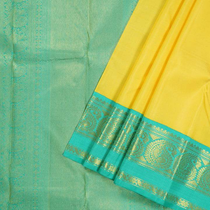 Hayagrivas Yellow Handloom Kanjivaram Silk Saree with Sea Blue Border BBD1038J6-7