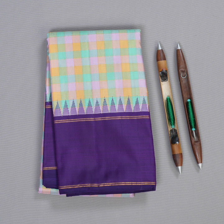 Hayagrivas Multi Color Checks Kanjivaram Silk Saree with Purplish Blue Border BBD1042J4-1